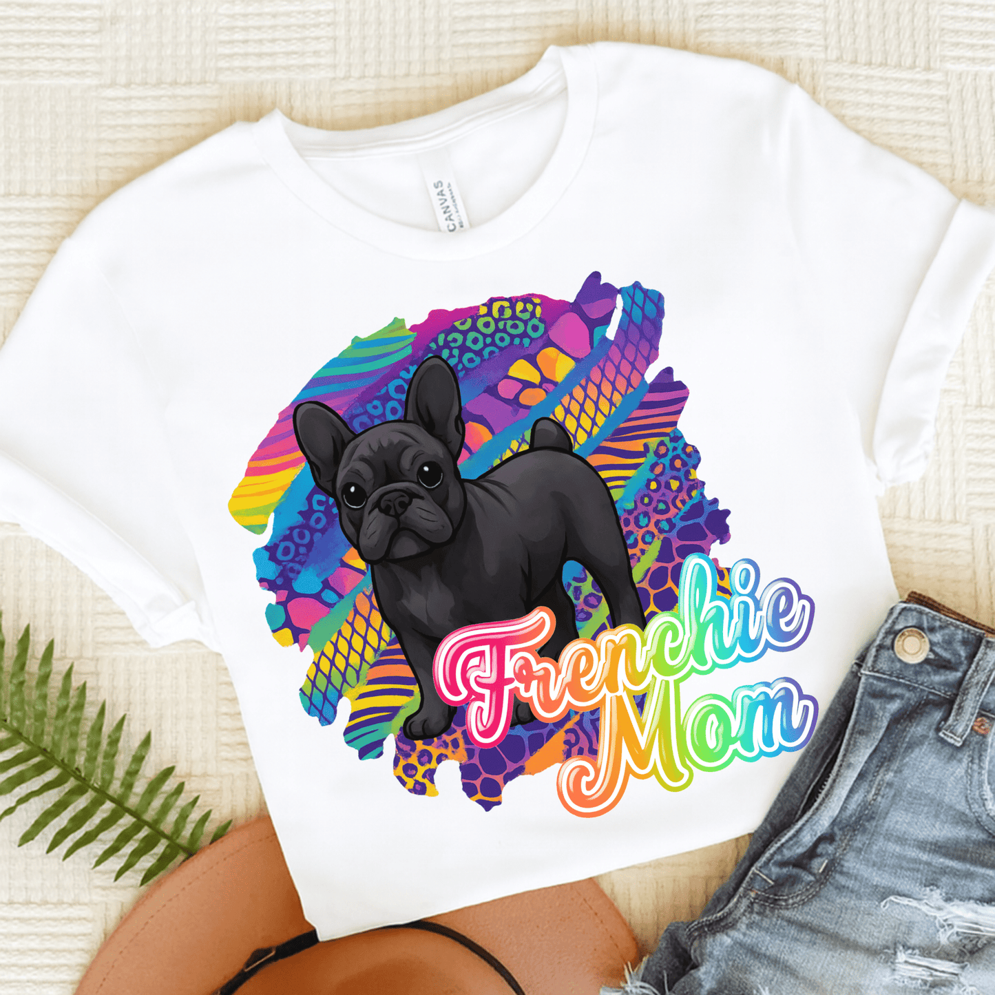 Black Frenchie Retro Neon Tshirt White