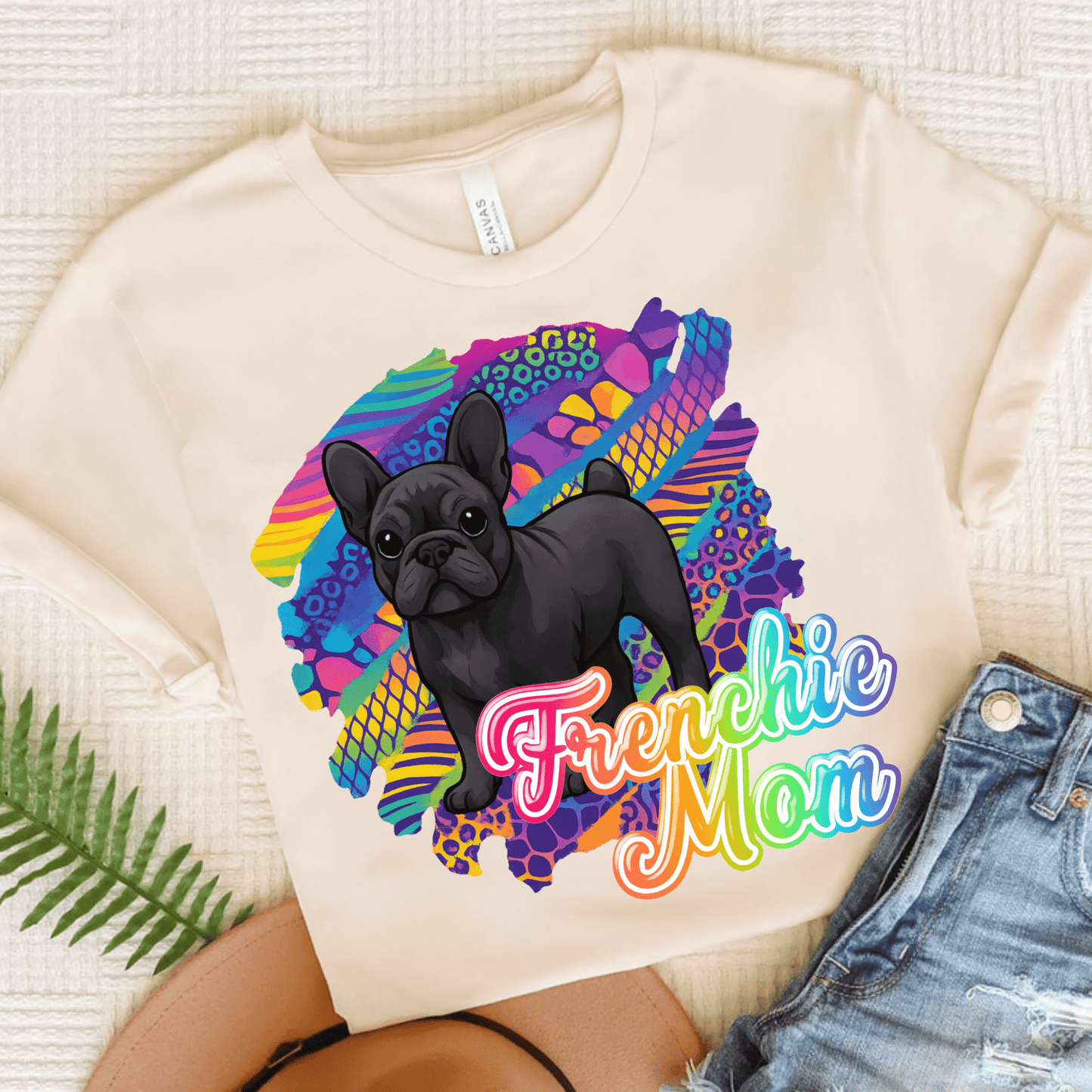 Black Frenchie Retro Neon Tshirt Natural