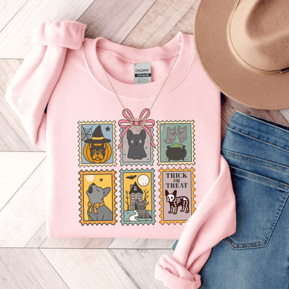 Black Frenchie Spooky Stamps Sweatshirt Light Pink