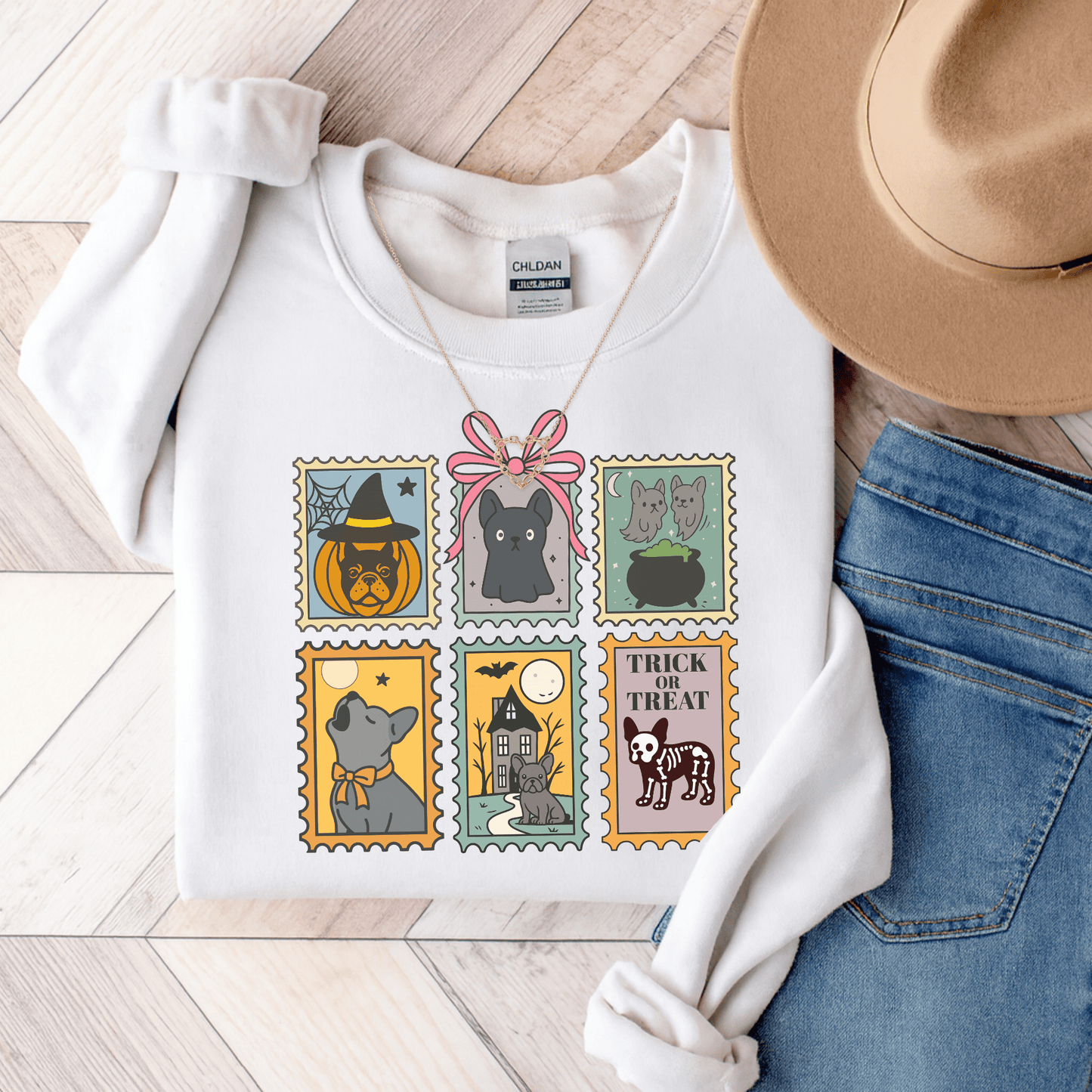 Black Frenchie Spooky Stamps Sweatshirt White