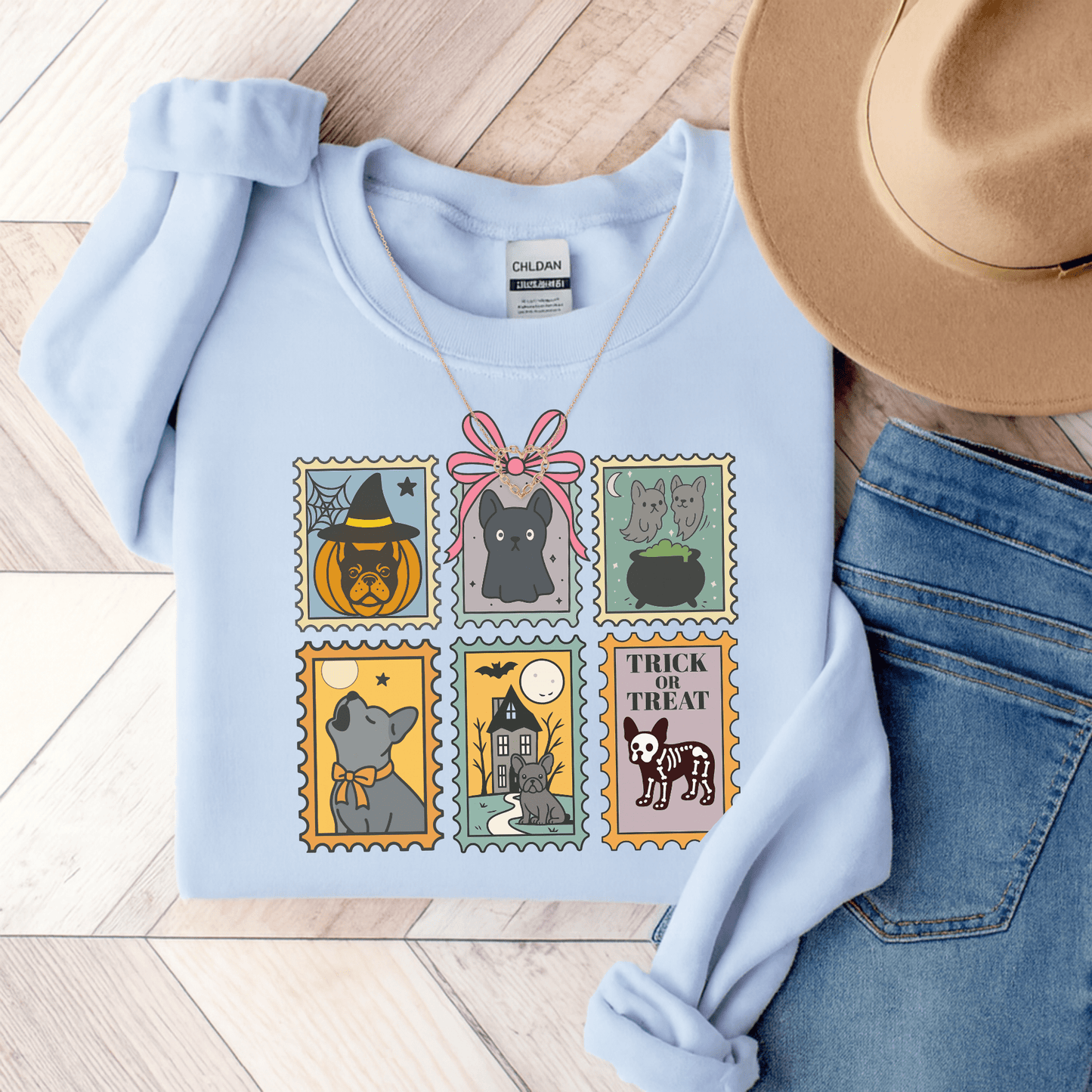 Black Frenchie Spooky Stamps Sweatshirt Light Blue