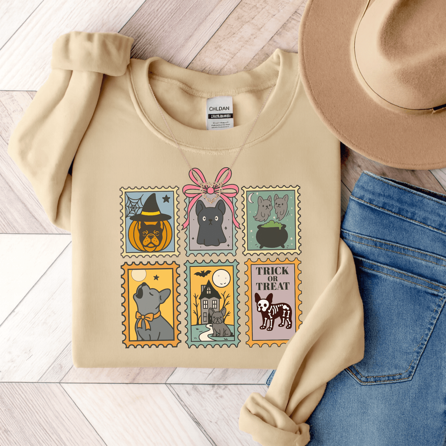 Black Frenchie Spooky Stamps Sweatshirt Sand