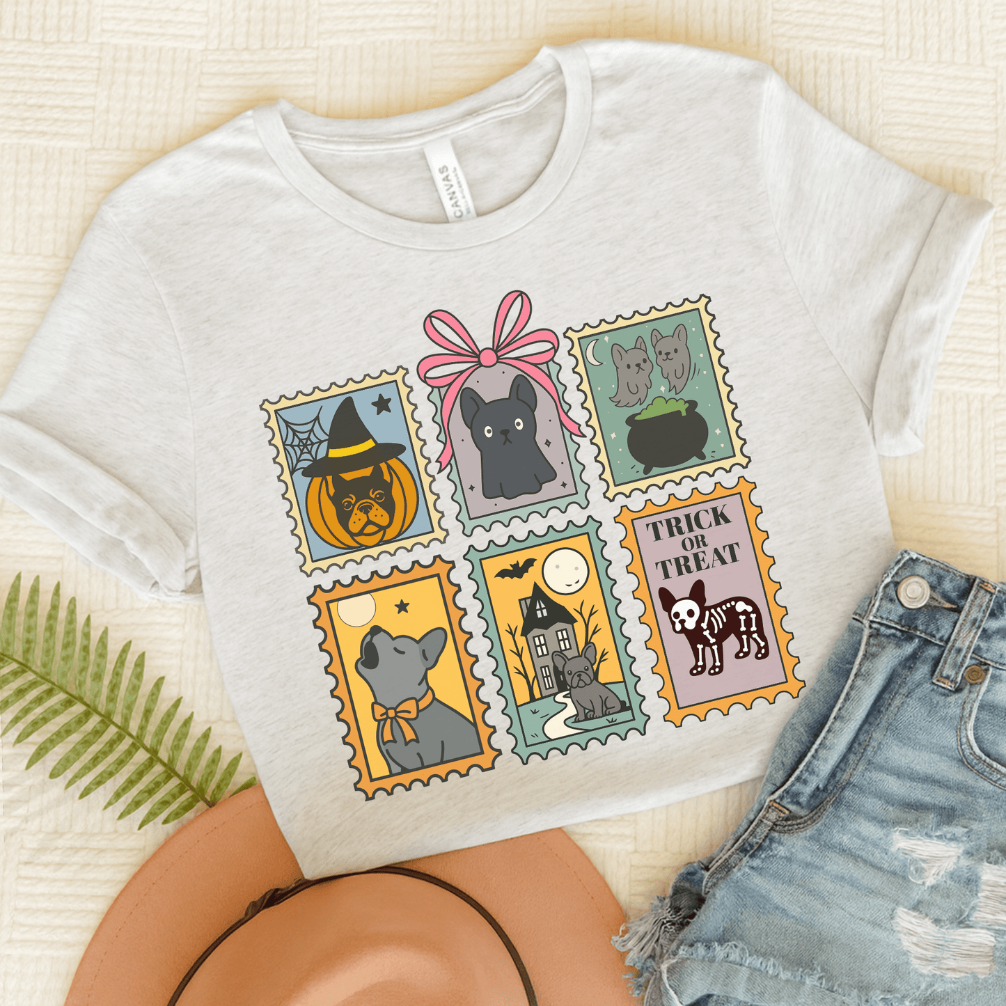 Black Frenchie Spooky Stamps TShirt Ash