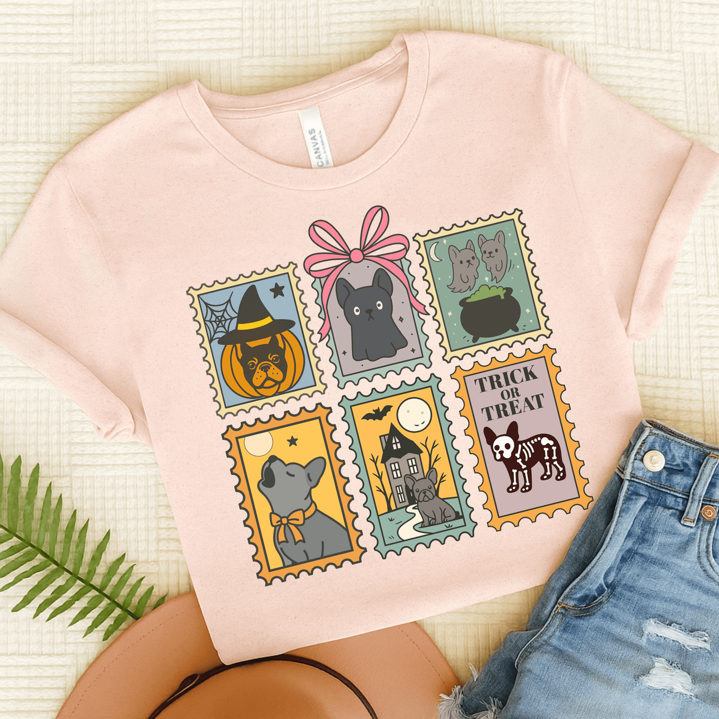 Black Frenchie Spooky Stamps TShirt Soft Pink