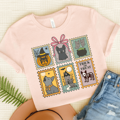 Black Frenchie Spooky Stamps TShirt Soft Pink