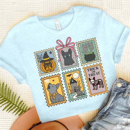 Black Frenchie Spooky Stamps TShirt Heather Ice Blue