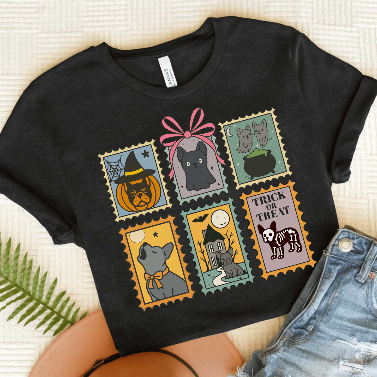 Black Frenchie Spooky Stamps TShirt Black Heather