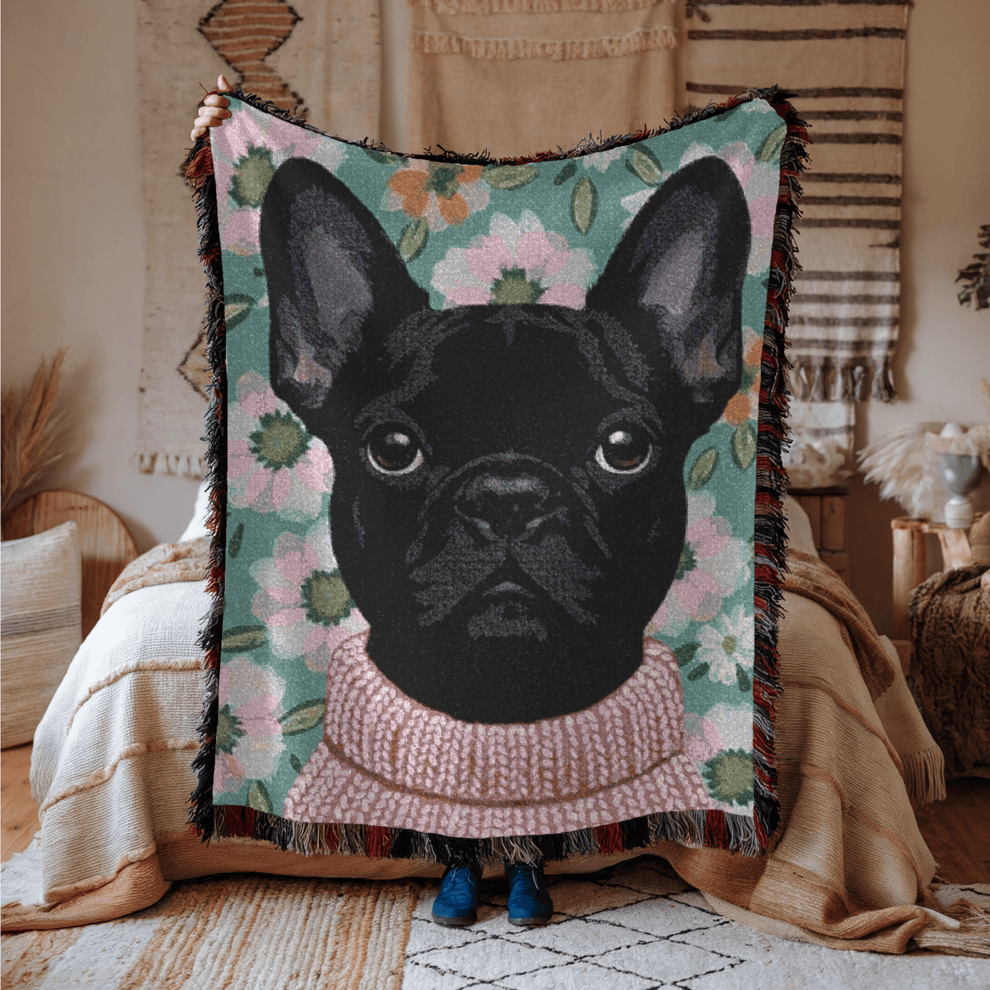 Black Frenchie Spring Flowers Woven Blanket
