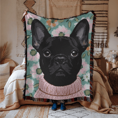Black Frenchie Spring Flowers Woven Blanket