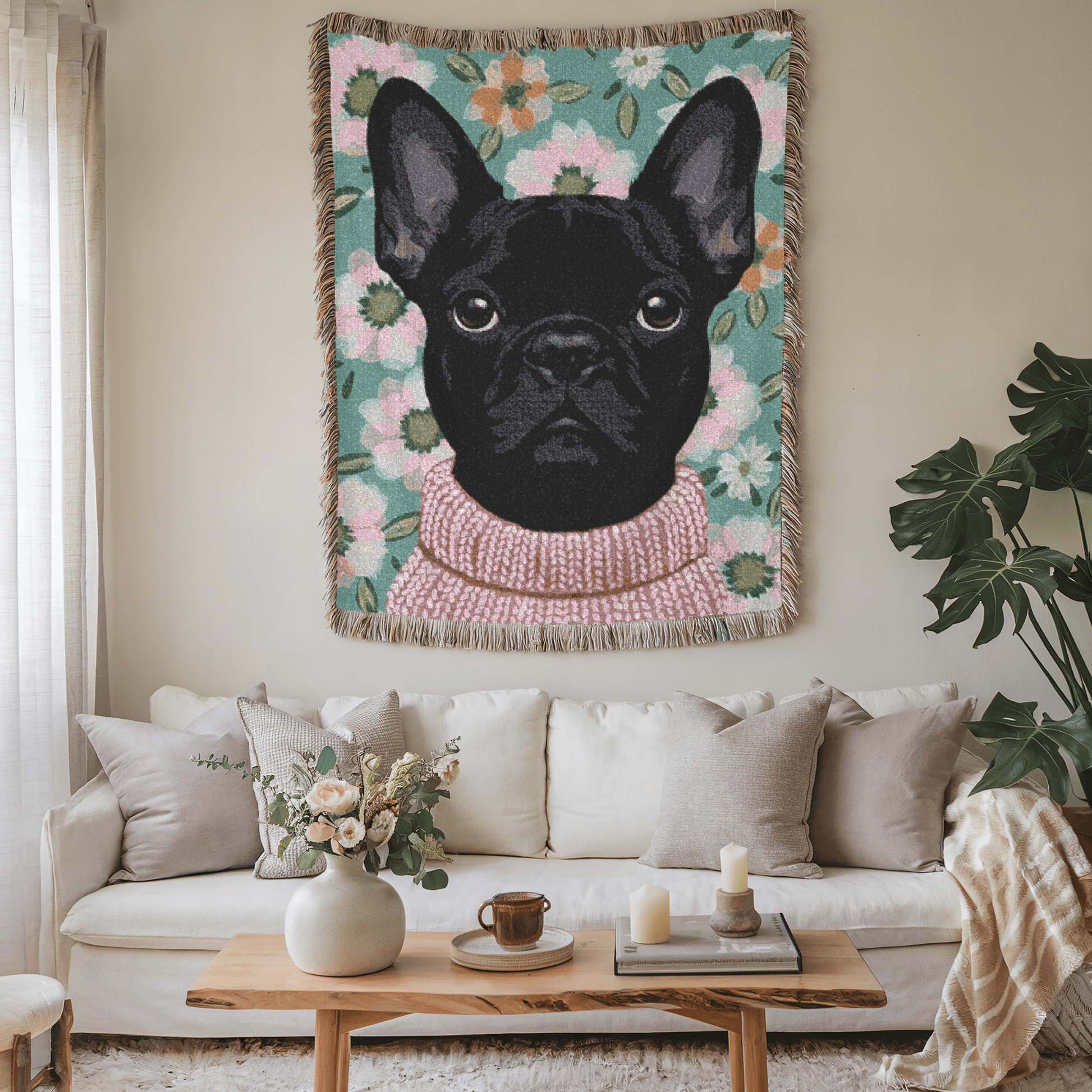 Black Frenchie Spring Flowers Woven Blanket