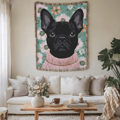 Black Frenchie Spring Flowers Woven Blanket