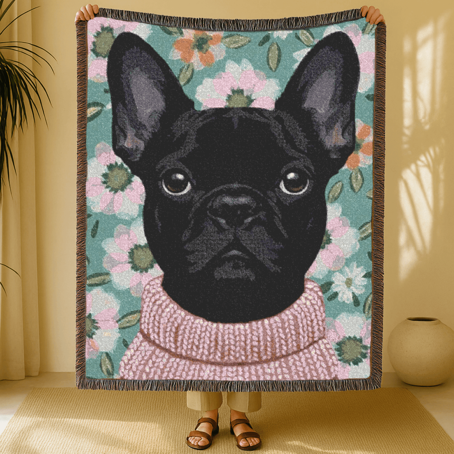 Black Frenchie Spring Flowers Woven Blanket