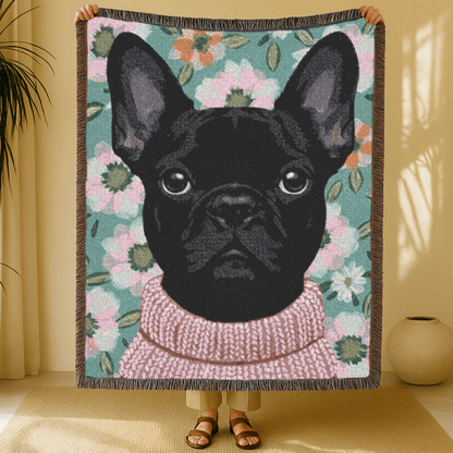 Black Frenchie Spring Flowers Woven Blanket