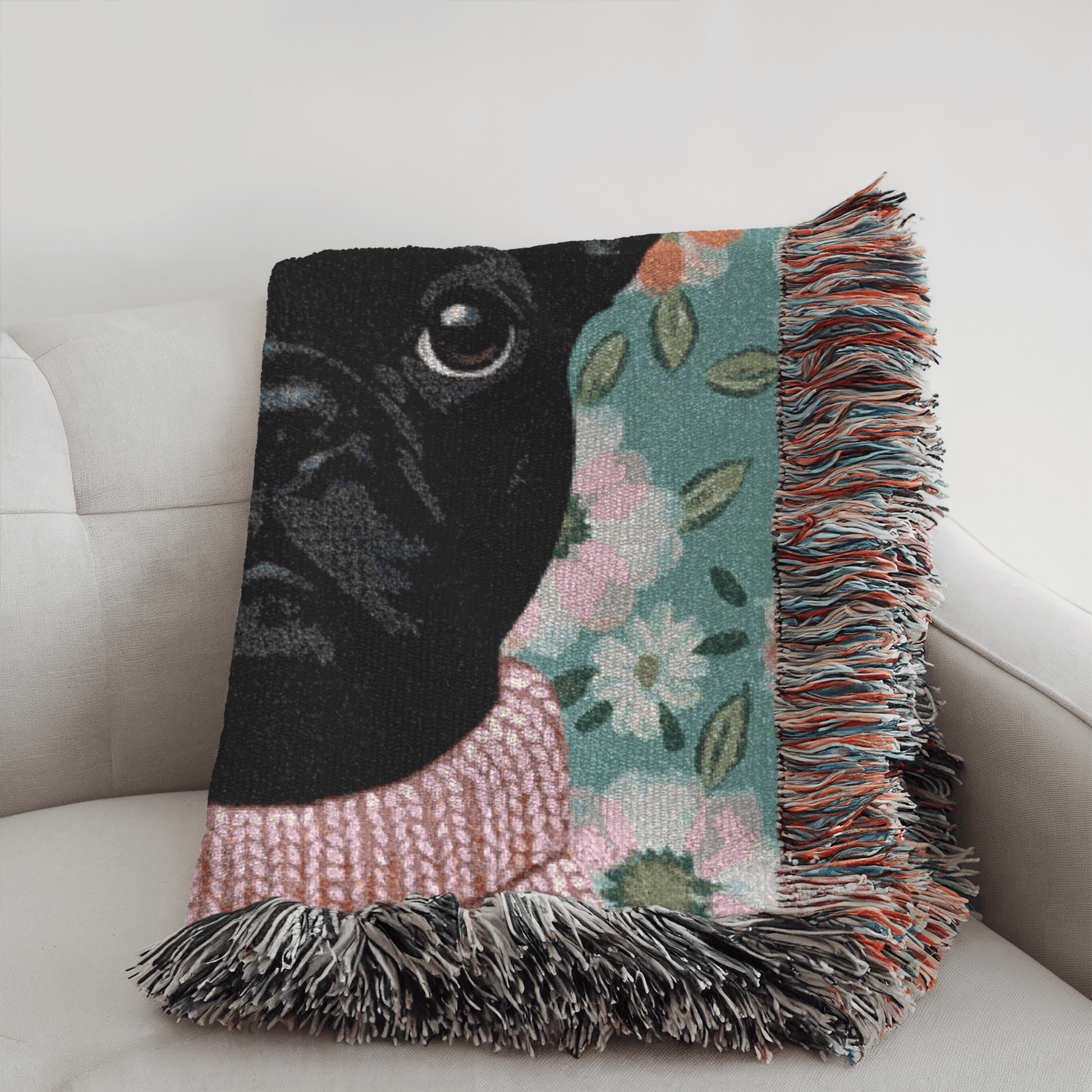Black Frenchie Spring Flowers Woven Blanket