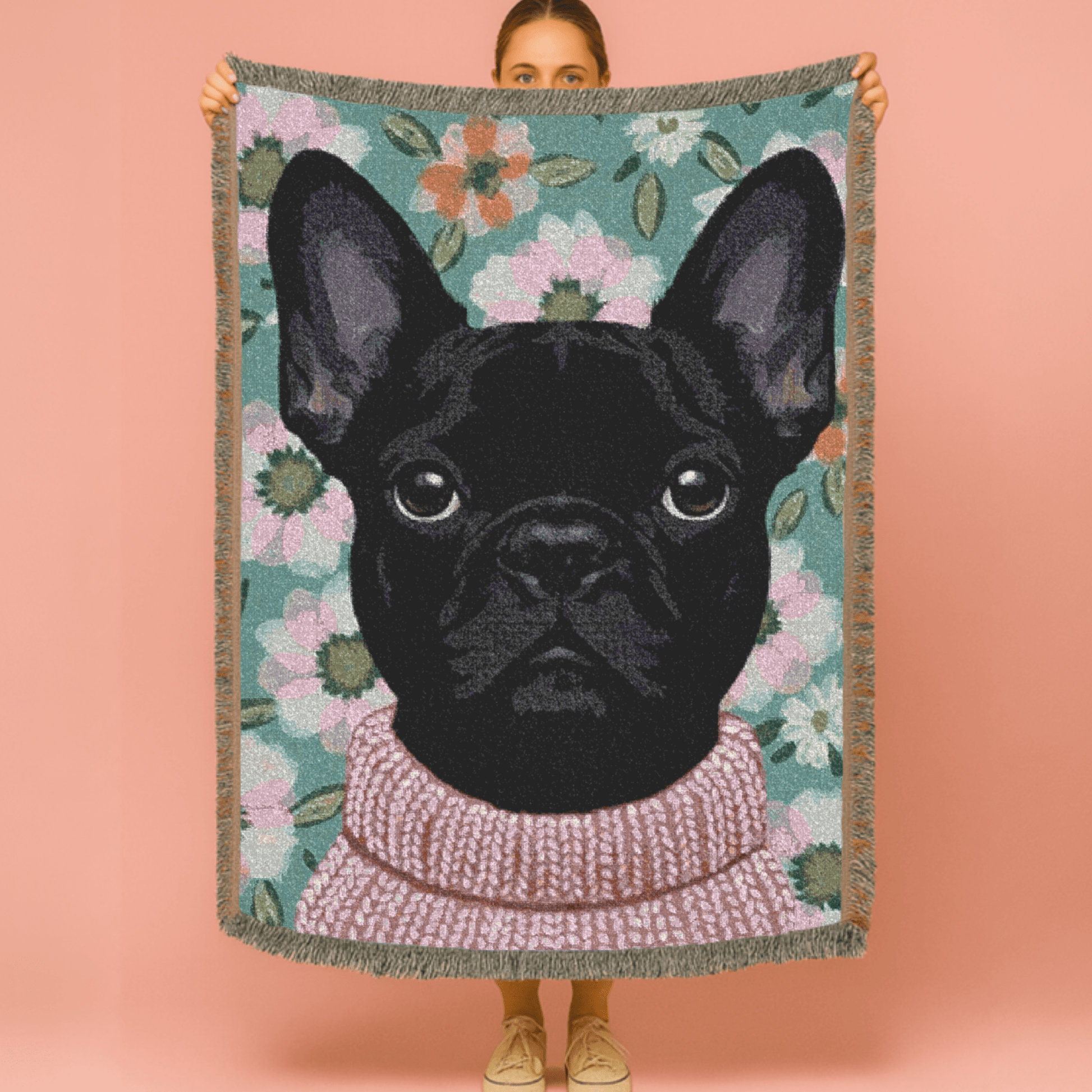 Black Frenchie Spring Flowers Woven Blanket