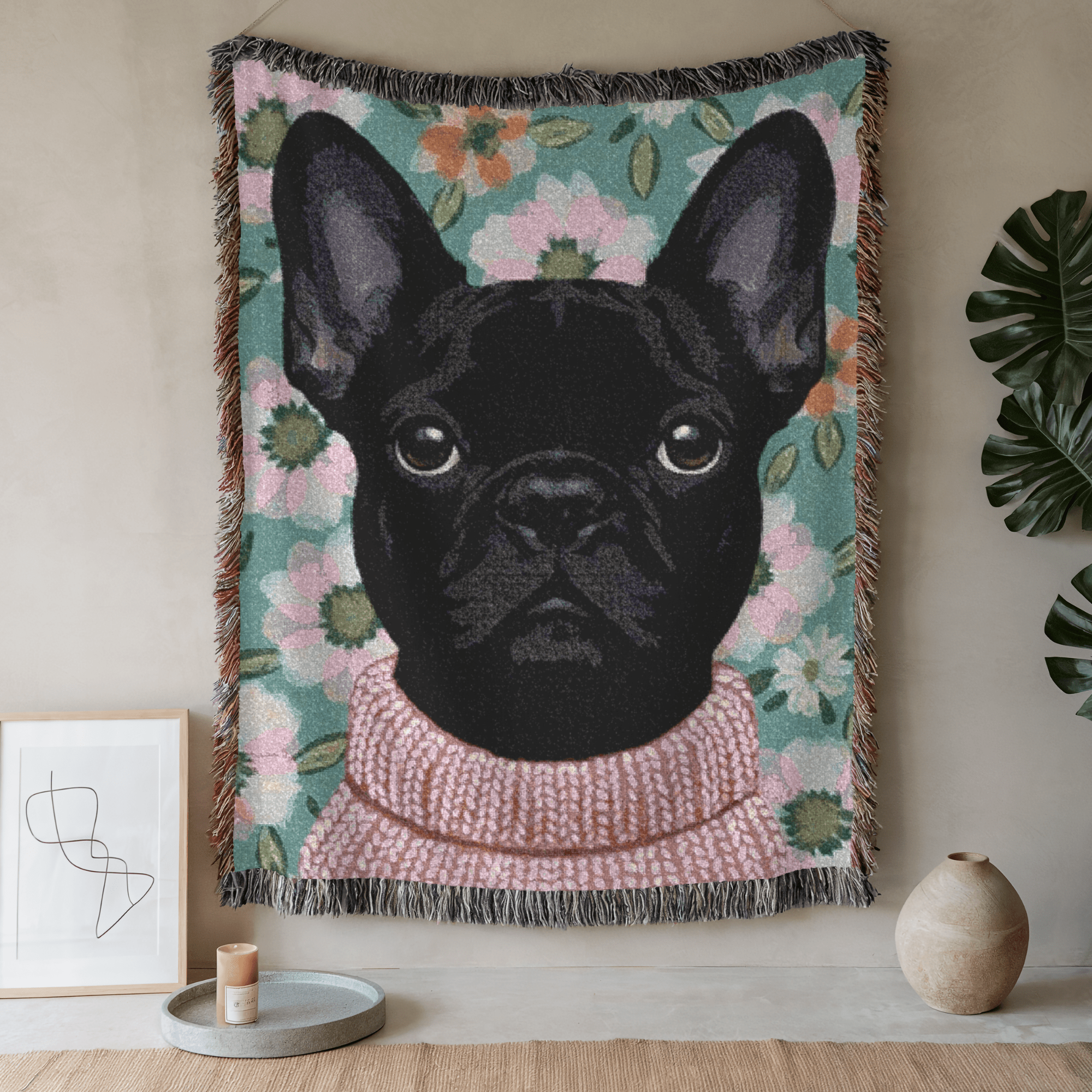 Black Frenchie Spring Flowers Woven Blanket 80" × 60"