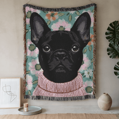 Black Frenchie Spring Flowers Woven Blanket 80" × 60"