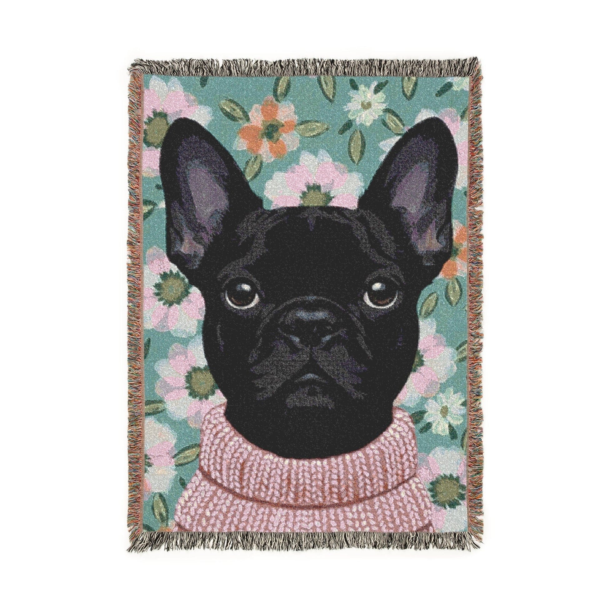 Black Frenchie Spring Flowers Woven Blanket