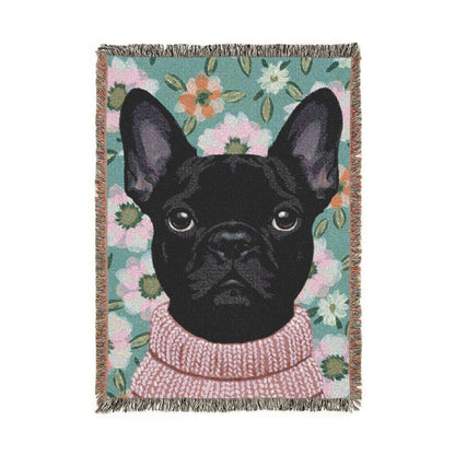 Black Frenchie Spring Flowers Woven Blanket