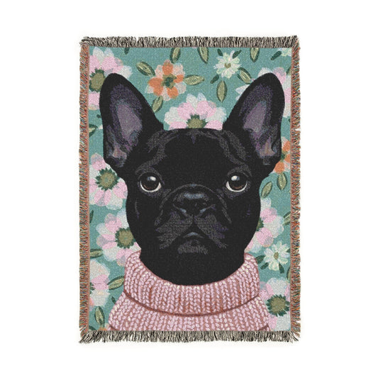 Black Frenchie Spring Flowers Woven Blanket