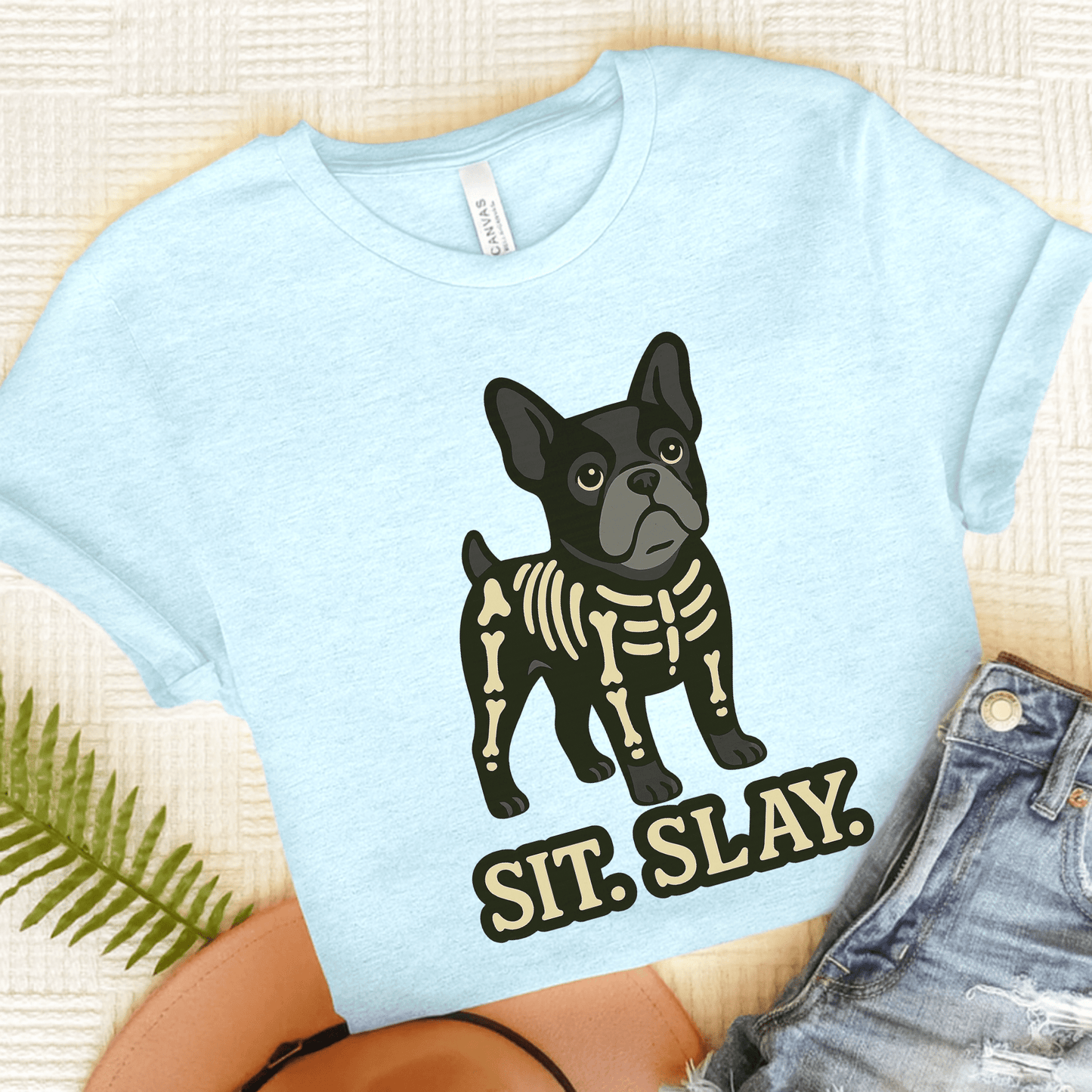 Black Frenchie Stay. Slay. TShirt Heather Ice Blue
