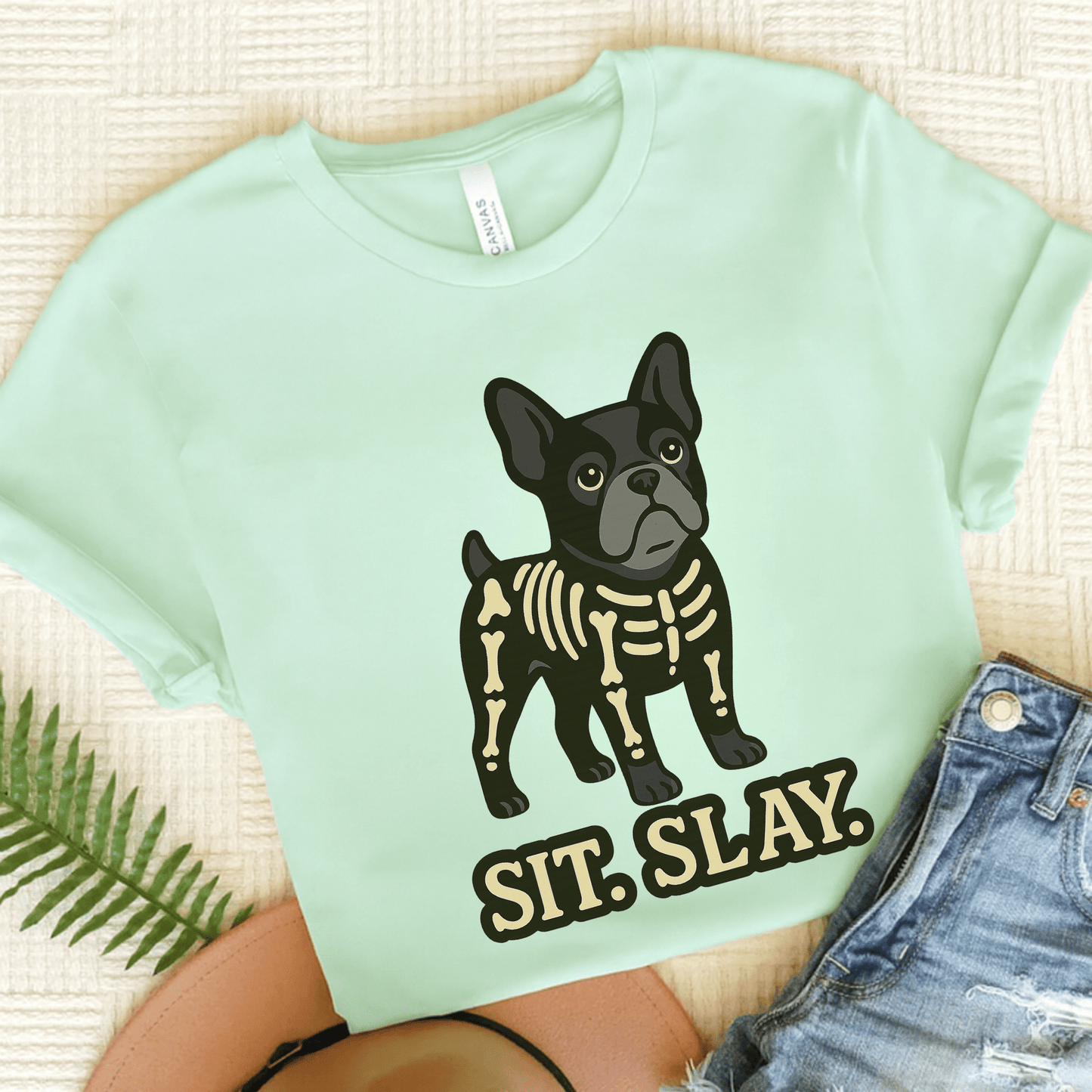 Black Frenchie Stay. Slay. TShirt Heather Mint