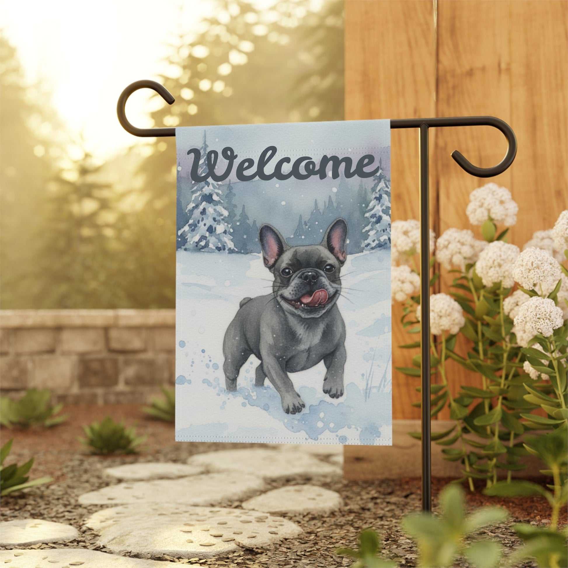 Black Frenchie Winter Wonderland Garden Yard Flag
