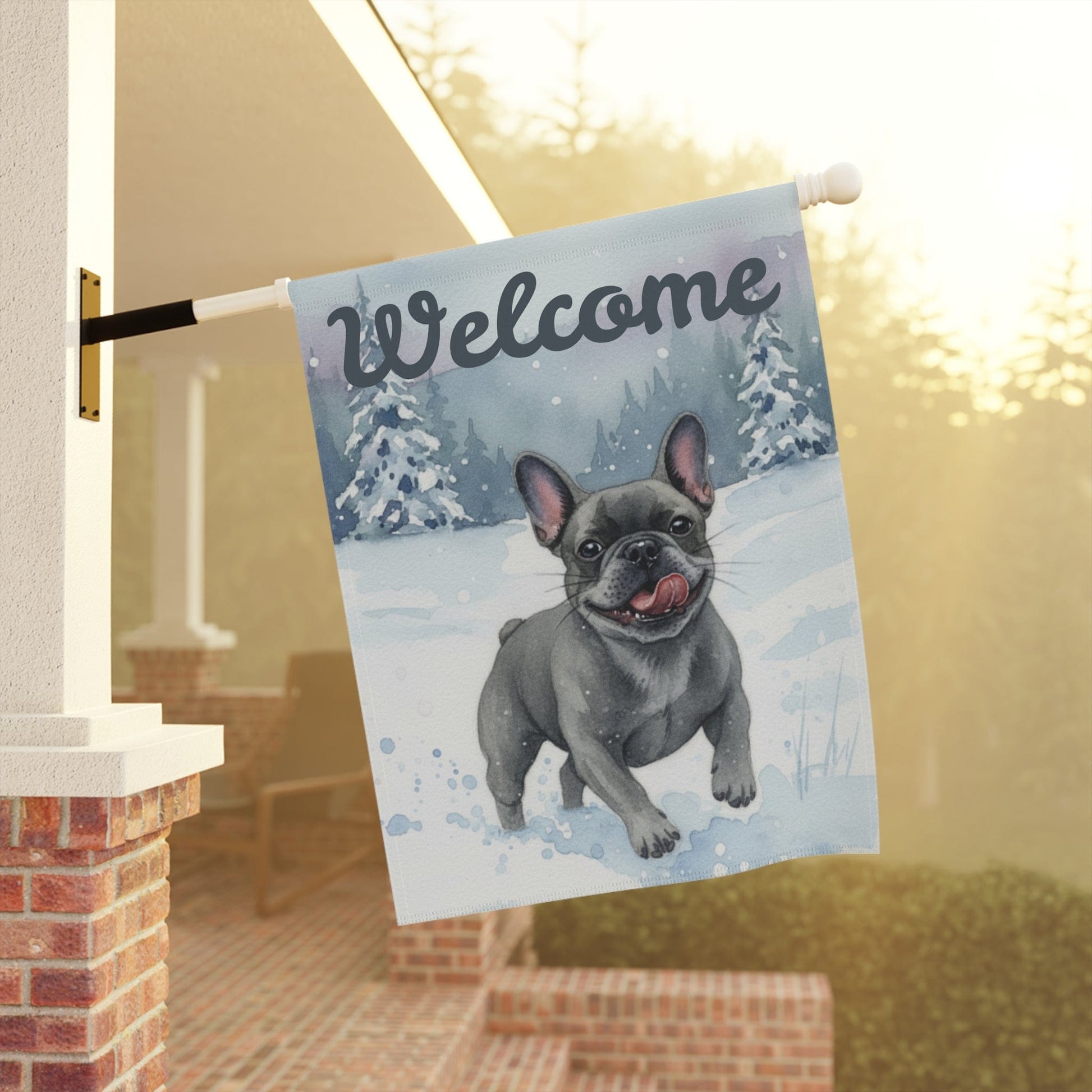 Black Frenchie Winter Wonderland Garden Yard Flag