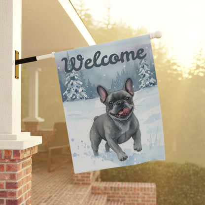 Black Frenchie Winter Wonderland Garden Yard Flag