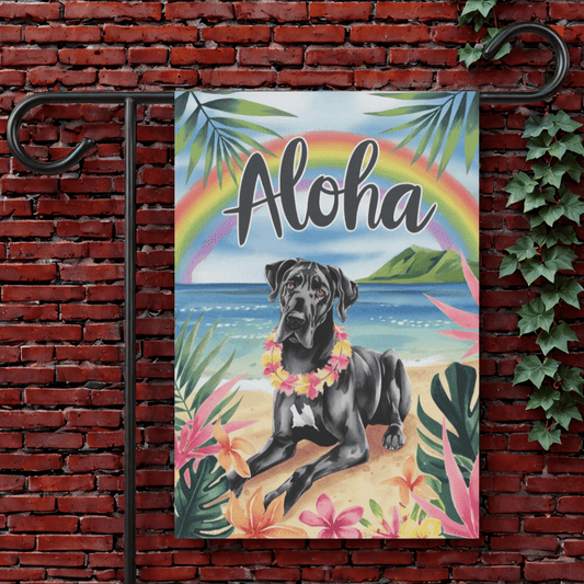 Printify Garden Flag 12'' × 18'' Black Great Dane Aloha Luau Garden Decor