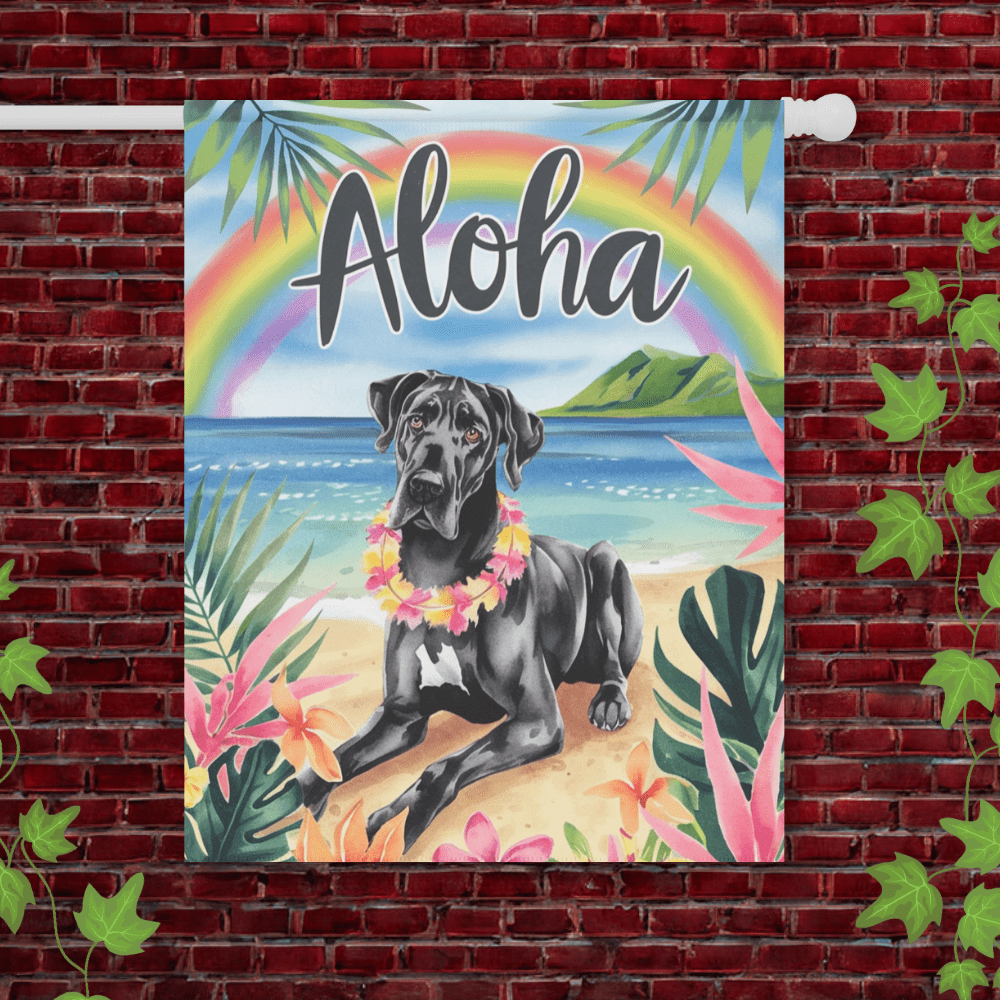 Printify Garden Flag 24.5'' × 32'' Black Great Dane Aloha Luau Garden Decor
