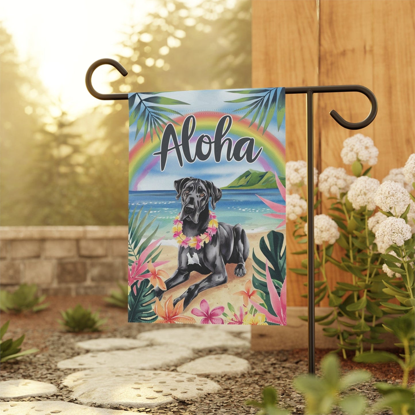 Printify Garden Flag Black Great Dane Aloha Luau Garden Decor