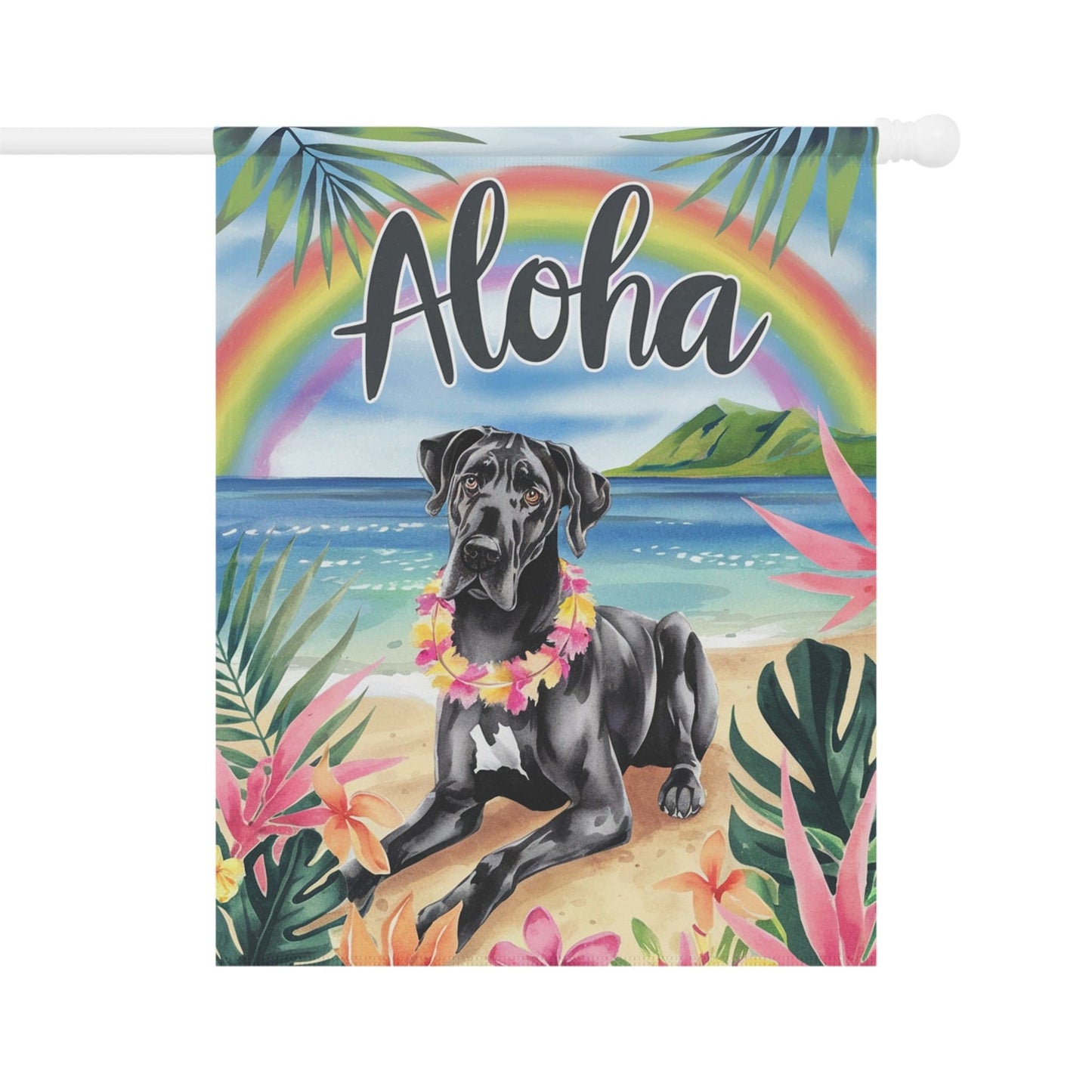 Printify Garden Flag Black Great Dane Aloha Luau Garden Decor