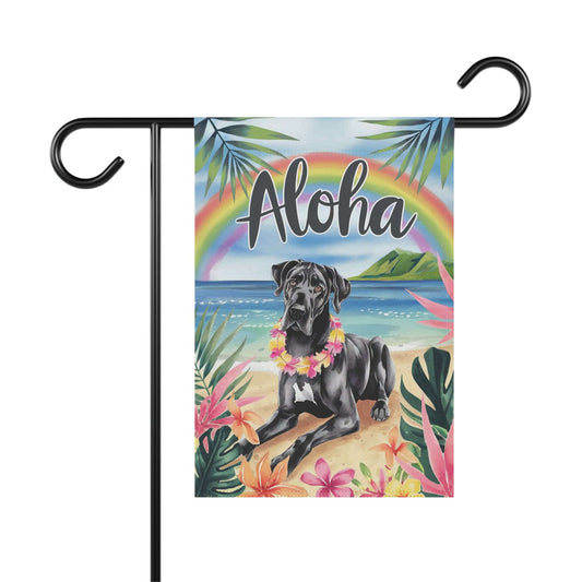 Printify Garden Flag Black Great Dane Aloha Luau Garden Decor