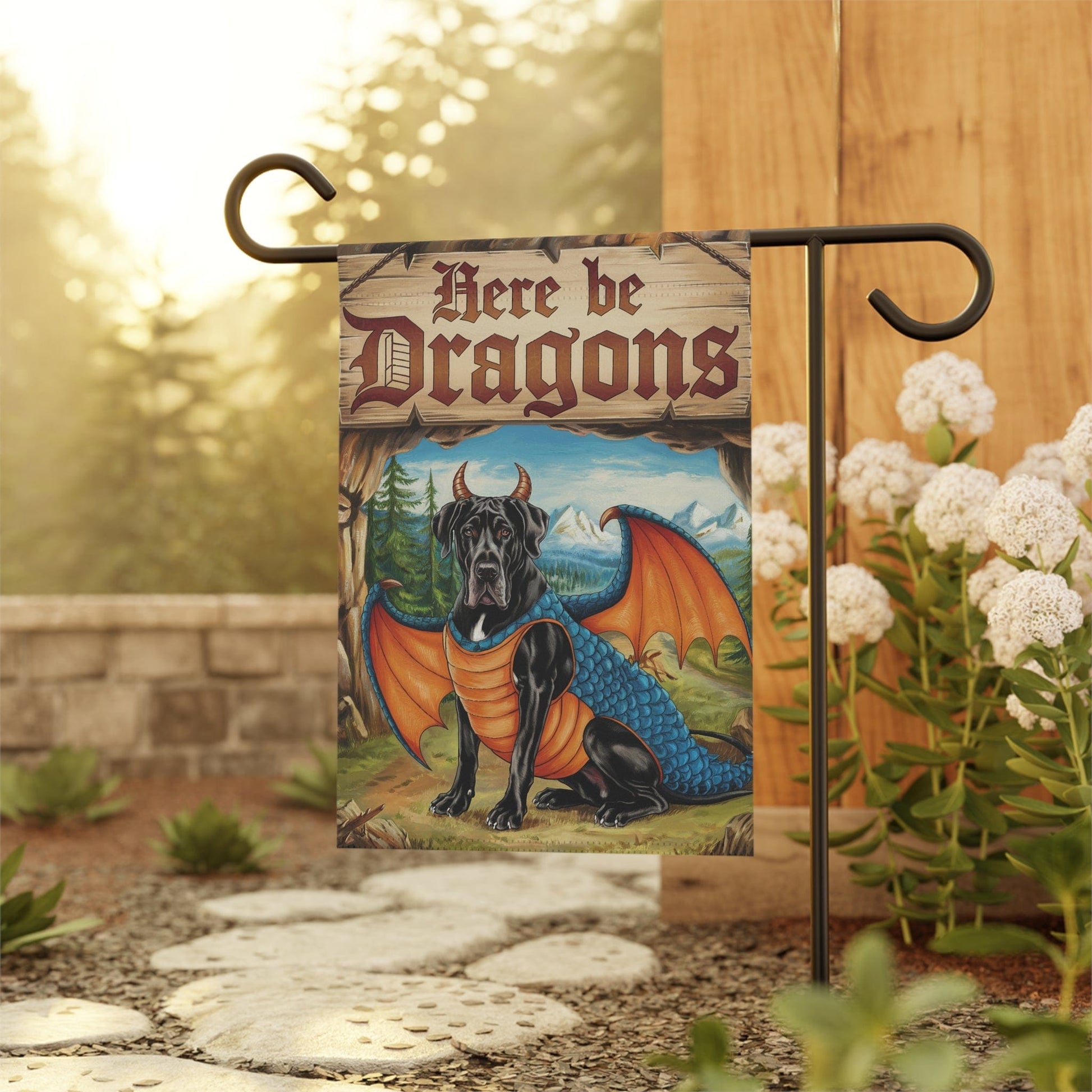 Printify Home Decor Black Great Dane Dog Dragon, Garden Flag, Pet Adventure, Yard Spring Decor, Housewarming Halloween