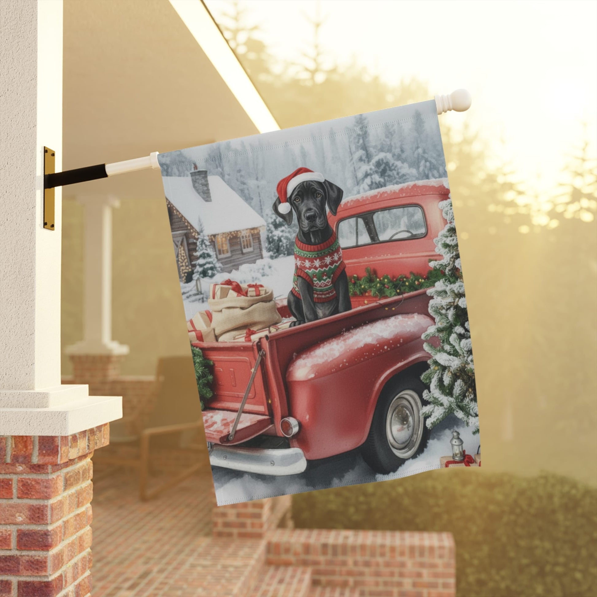 Black Great Dane Dog Red Truck Christmas Garden Flag
