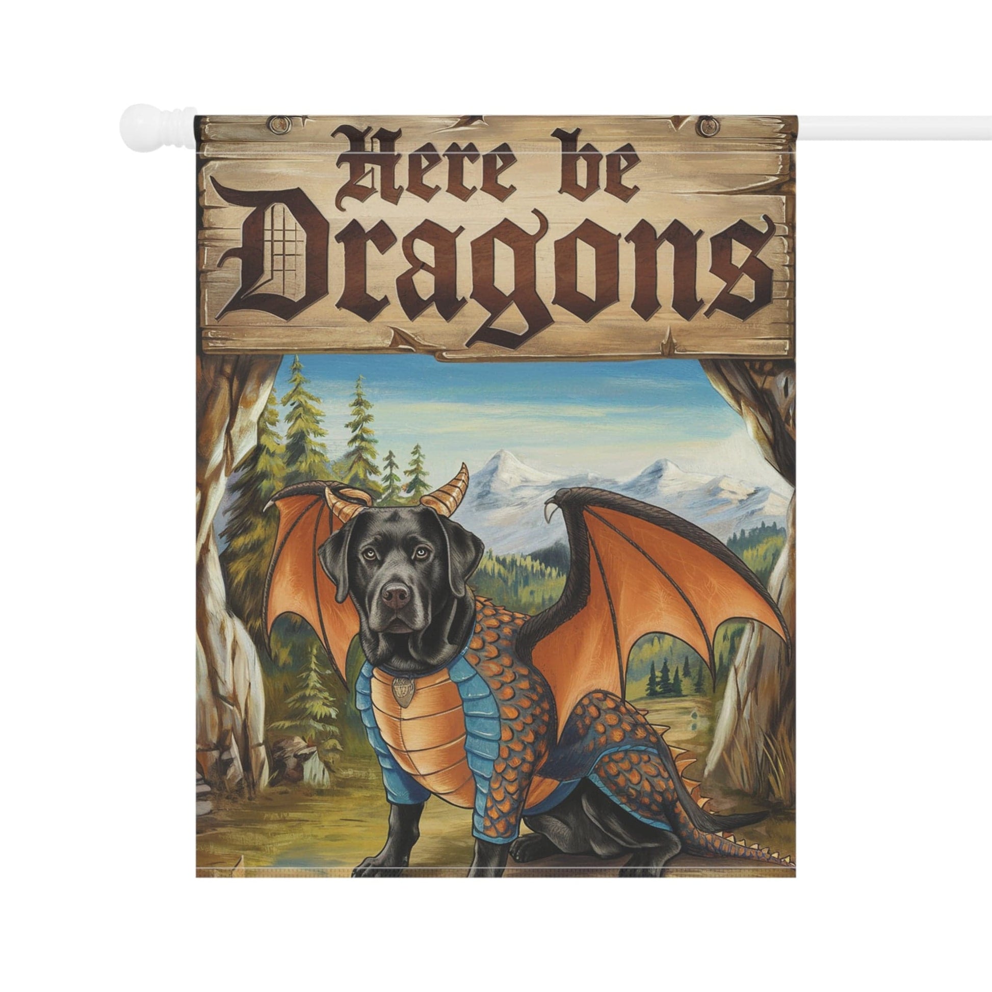 Printify Home Decor Black Labrador Dragon Dog Garden Flag, Medieval Landscape, Front Yard Spring Decor, Housewarming Gift