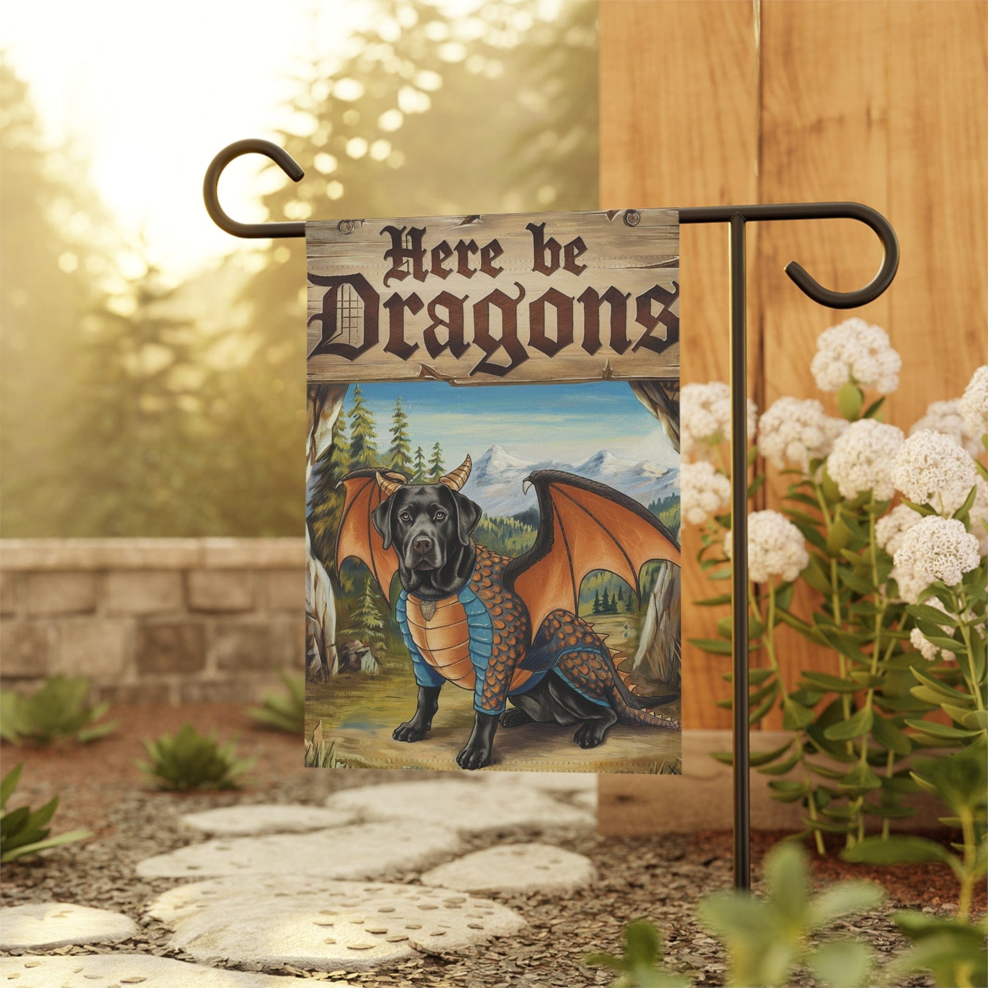 Printify Home Decor Black Labrador Dragon Dog Garden Flag, Medieval Landscape, Front Yard Spring Decor, Housewarming Gift