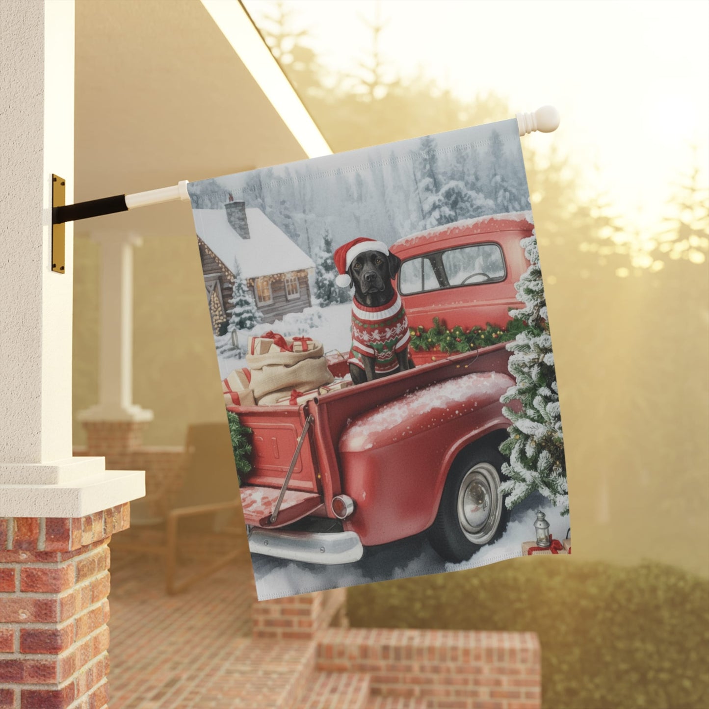 Home Decor Black Labrador Retriever Dog Red Truck Christmas Garden Flag