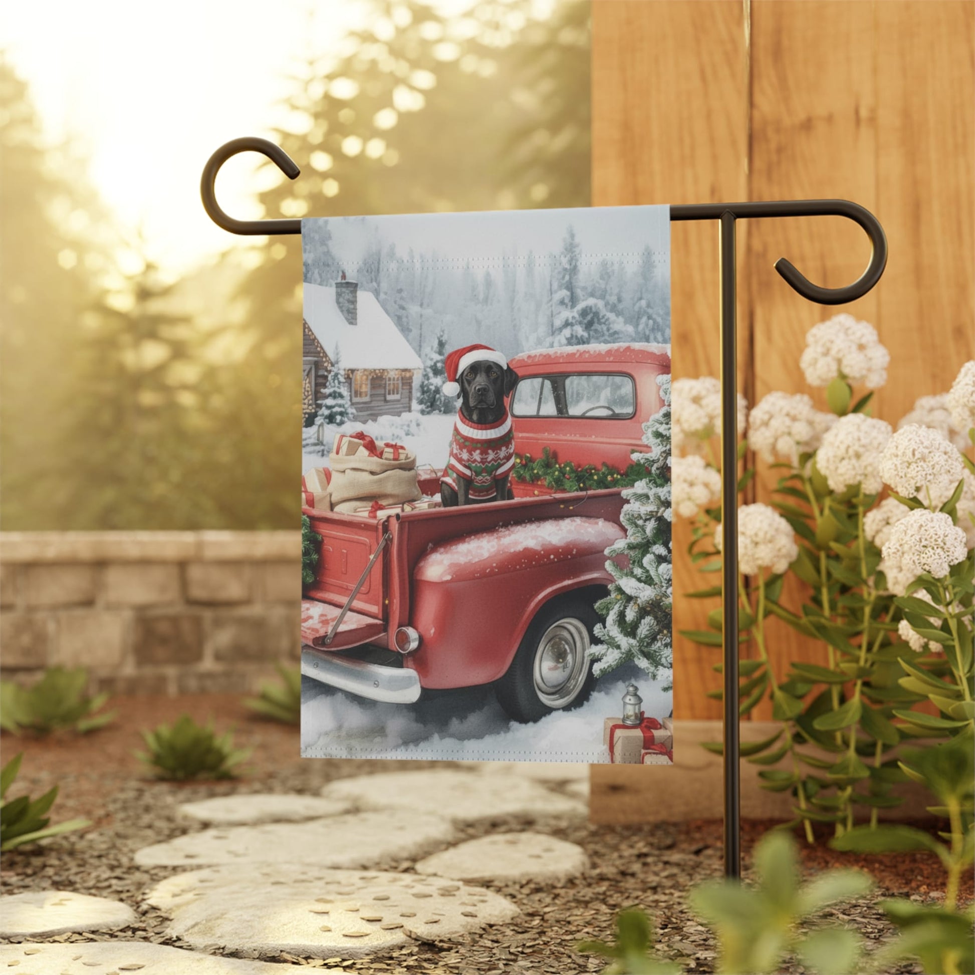 Home Decor Black Labrador Retriever Dog Red Truck Christmas Garden Flag
