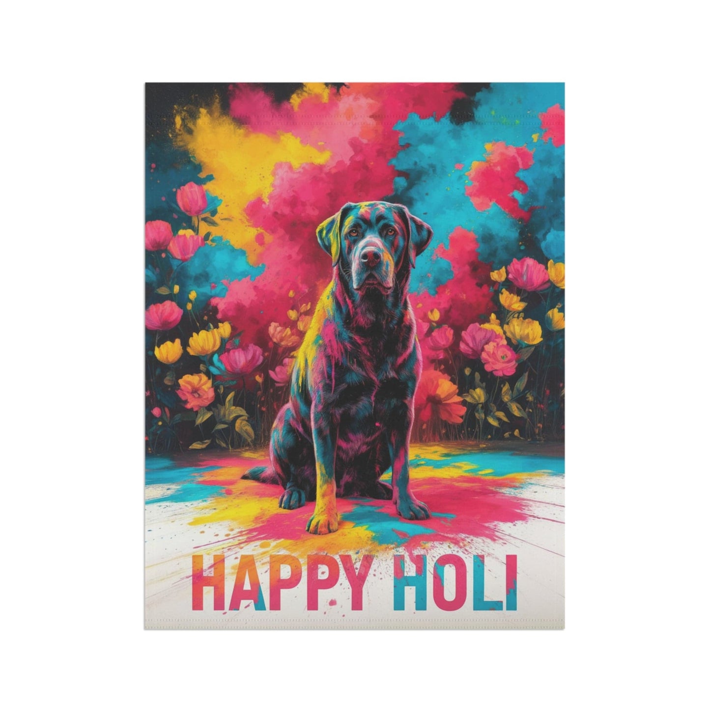 Printify Home Decor Black Labrador Retriever Holi Garden Flag, Indian Spring Festival, Dog Lovers Yard Outside Decor