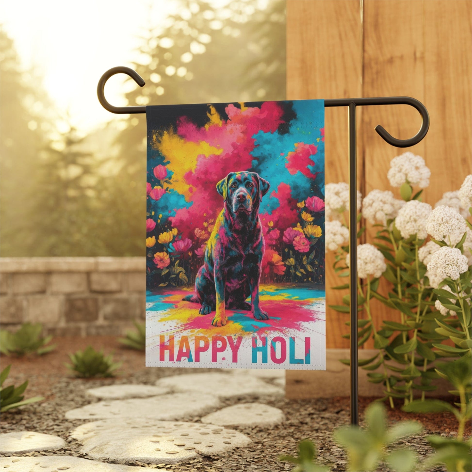 Printify Home Decor Black Labrador Retriever Holi Garden Flag, Indian Spring Festival, Dog Lovers Yard Outside Decor
