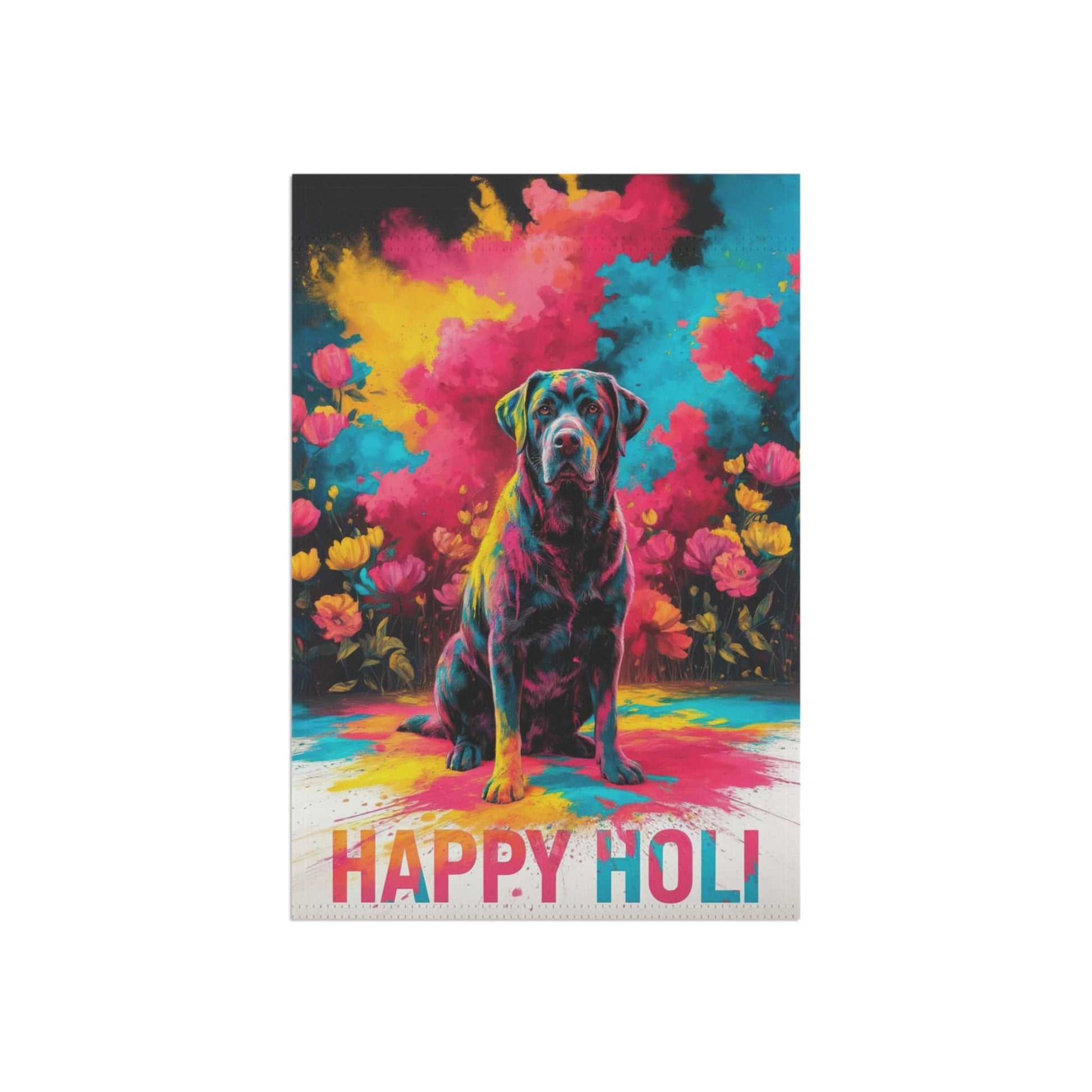 Printify Home Decor Black Labrador Retriever Holi Garden Flag, Indian Spring Festival, Dog Lovers Yard Outside Decor
