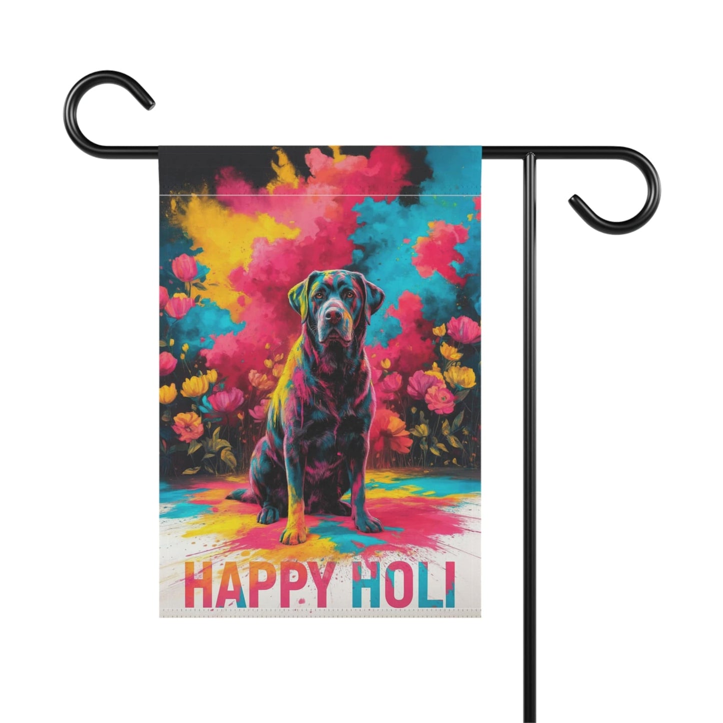 Printify Home Decor Black Labrador Retriever Holi Garden Flag, Indian Spring Festival, Dog Lovers Yard Outside Decor