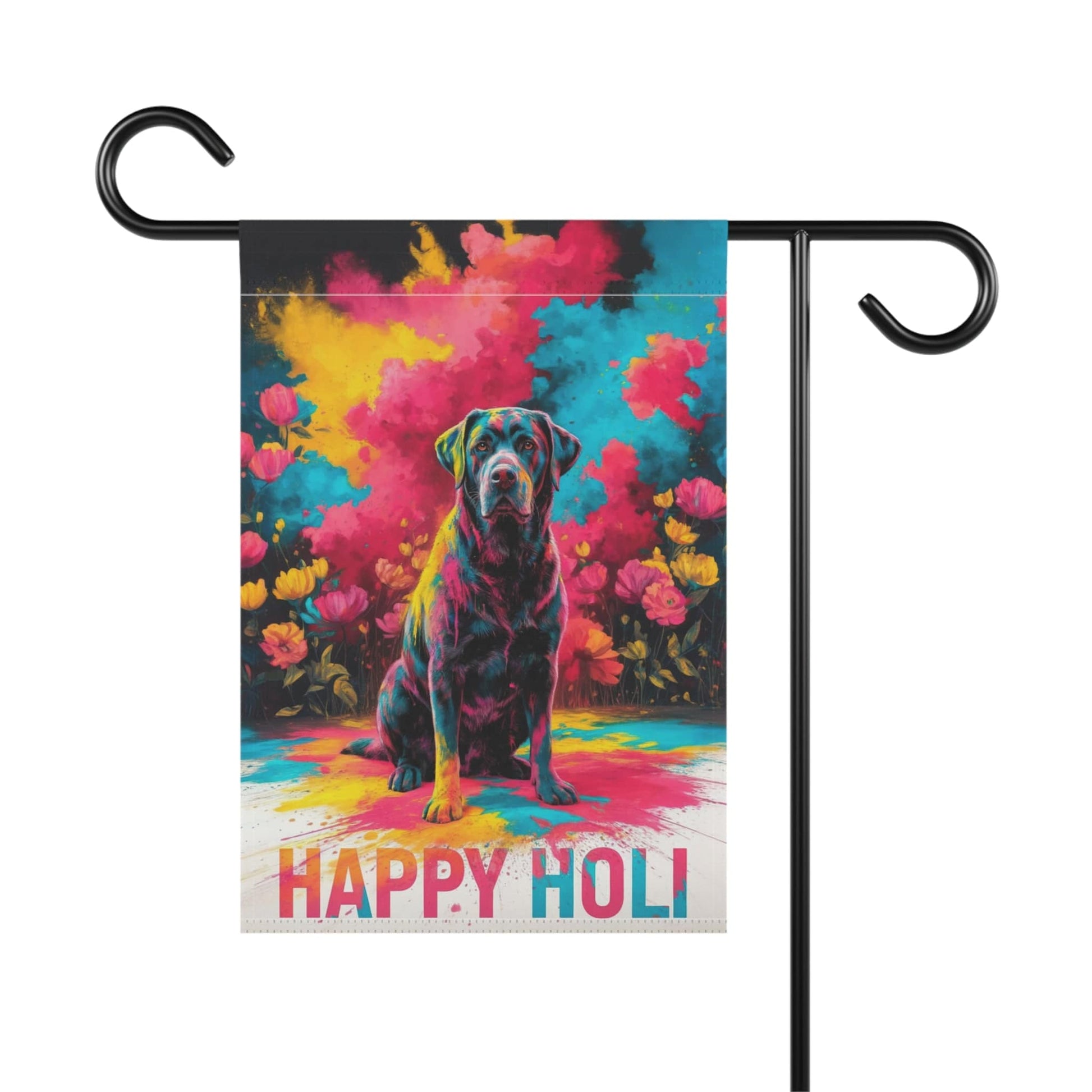 Printify Home Decor Black Labrador Retriever Holi Garden Flag, Indian Spring Festival, Dog Lovers Yard Outside Decor
