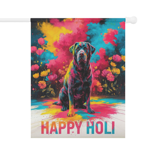 Printify Home Decor 24.5'' × 32'' Black Labrador Retriever Holi Garden Flag, Indian Spring Festival, Dog Lovers Yard Outside Decor
