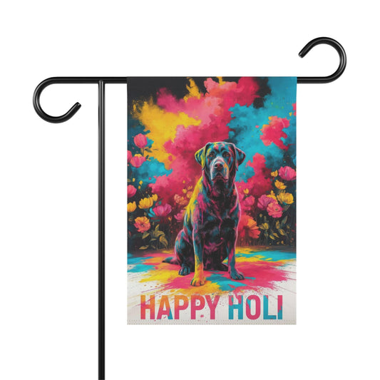 Printify Home Decor 12'' × 18'' Black Labrador Retriever Holi Garden Flag, Indian Spring Festival, Dog Lovers Yard Outside Decor