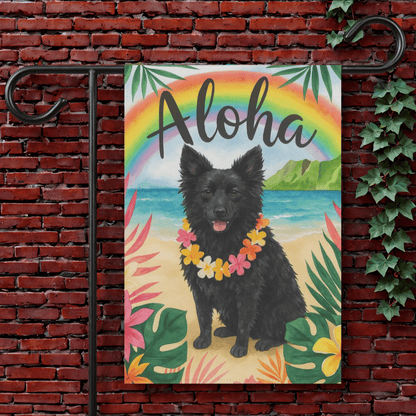 Printify Garden Flag 12'' × 18'' Black Mudi Dog Aloha Luau Garden Flag