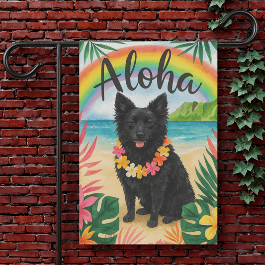 Printify Garden Flag 12'' × 18'' Black Mudi Dog Aloha Luau Garden Flag