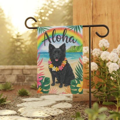 Printify Garden Flag Black Mudi Dog Aloha Luau Garden Flag